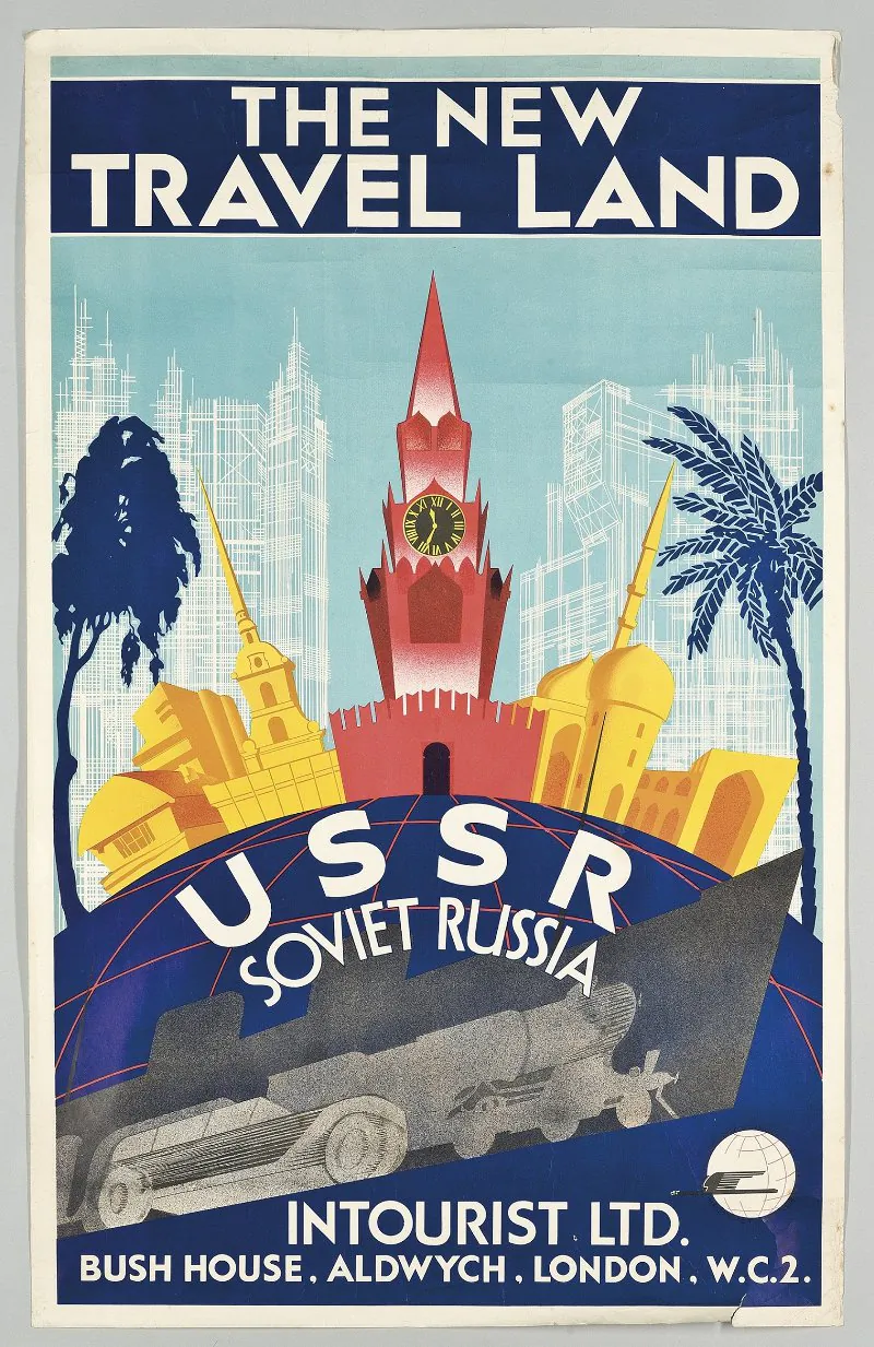 Max Litvak & Robert Fedor - The New Travel Land, Ussr Soviet Russia - Lithograph in colours, c.1930 condition B+/A-; not backed - 40 x 25 in. (102 x 64 cm.) - Courtesy Christie's London