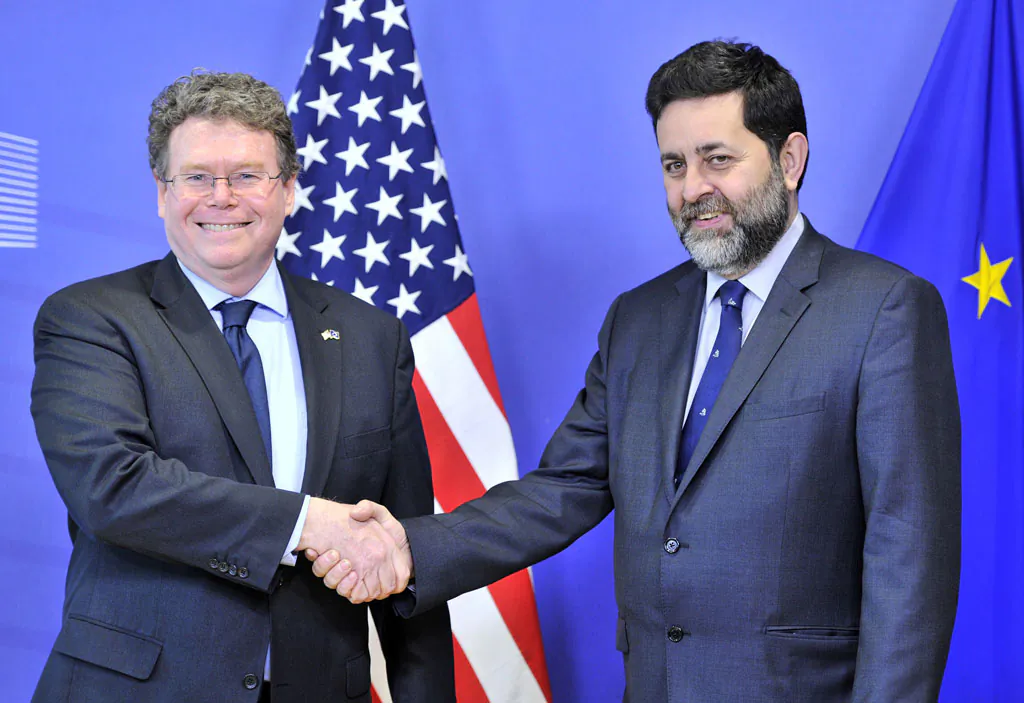 EU chief negotiator Ignacio Garcia Bercero (R) and US chief negotiator Dan Mullaney (L) pose on March 10 at EU Headquarters in Brussels before the most recent round of EU-US trade talks. (Georges Gobet/AFP/Getty Images)