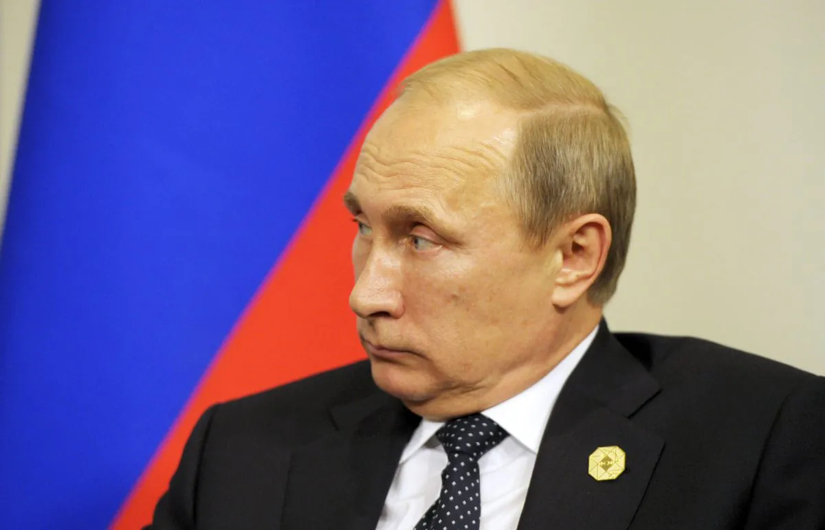 Russia's President Vladimir Putin looks over at the French president during their bilateral meeting on the sidelines of the G20 Summit in Brisbane, Australia, Saturday, Nov. 15, 2014.  (AP Photo/Alain Jocard, Pool)