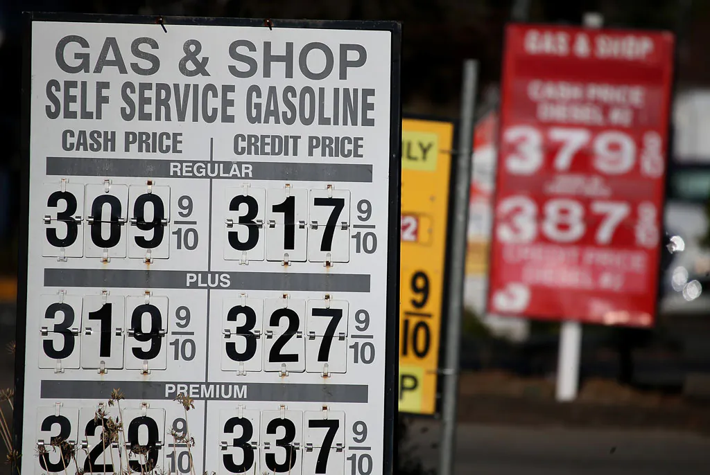 Gas prices displayed at a gas station in San Anselmo, Calif., on Oct. 27. The drop in gas prices is good news for consumers. (Justin Sullivan/Getty Images)