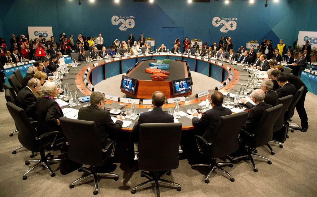 This general view shows leaders attending the start of the plenary session of the G20 Summit in Brisbane on Nov. 15, 2014. Australia is hosting the leaders of the world's 20 biggest economies for the G20 summit in Brisbane on Nov. 15 and 16. (Rob Griffith/AFP/Getty Images)