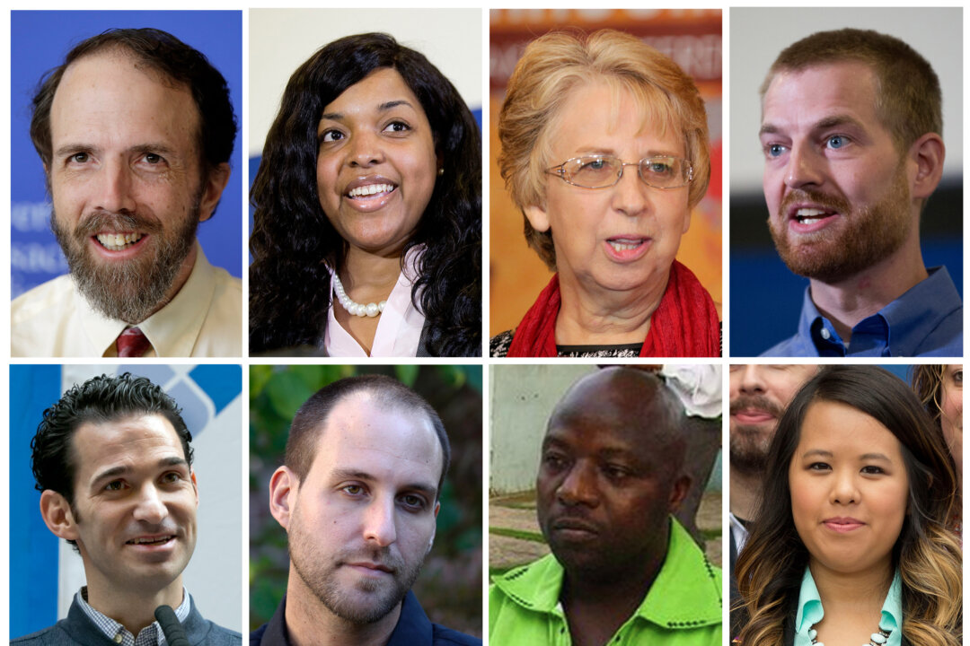 Eight of the nine ebola patients treated in the US since August 2014. (L-R) Dr. Rick Sacra, Amber Vinson, Nancy Writebol, and Dr. Kent Brantly. From bottom left to right, Dr. Craig Spencer, Ashoka Mukpo, Thomas Eric Duncan and Nina Pham. The patient not pictured is a doctor for the World Health Organization who has not been identified. (AP Photo)