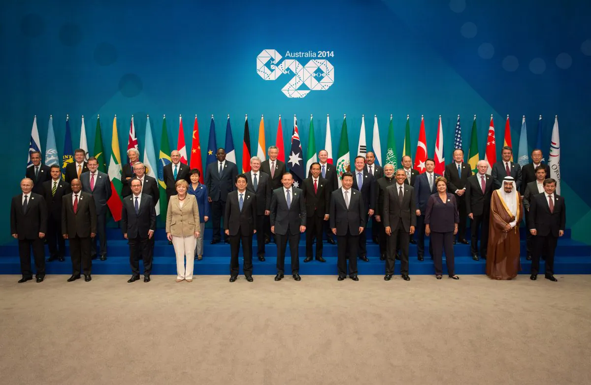 World leaders at the 2014 G20 Summit in in Brisbane, Australia, in this file photo. China will host the 2016 G20 summit in Hangzhou and it looks like the group will avoid the most important topics altogether.  (Andrew Taylor/G20 Australia via Getty Images)