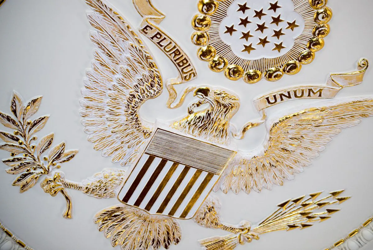 The Great Seal of the United States is seen on the center of the ceiling in the Benjamin Franklin State Dining room at the US Department of State Feburary 7, 2014 in Washington, DC. ( Paul J. Richards/AFP/Getty Images)