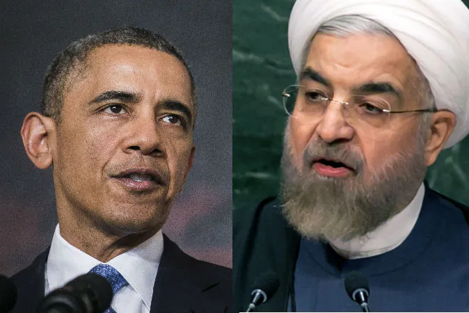 Left: U.S. President Barack Obama makes a statement announcing an interim agreement on Iranian nuclear power in the State Dining Room at the White House on Nov. 23, 2013 (T.J. Kirkpatrick-Pool/Getty Images) Right: President Hassan Rouhani, of Iran, addresses the 69th session of the United Nations General Assembly, at U.N. headquarters, Sept. 25, 2014. (AP Photo/Richard Drew)