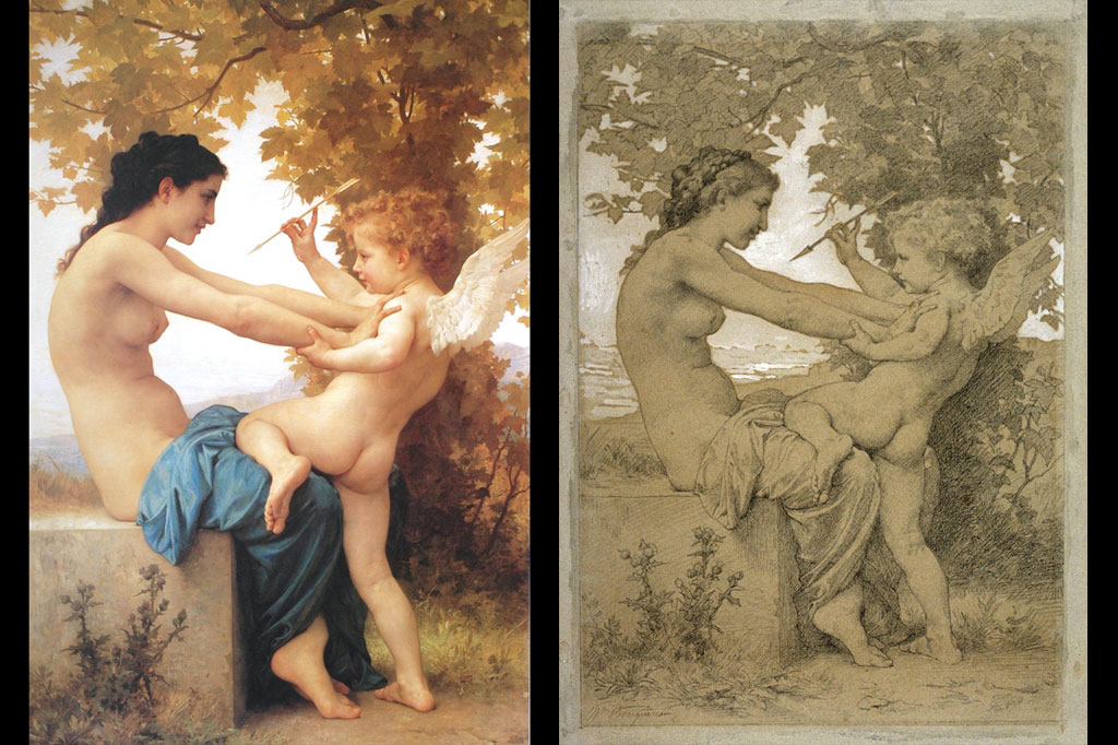 Left: "Jeune fille se defendant contre l’amour," 1880, by William Bouguereau. Oil on canvas. University of North Carolina at Wilmington. Right: "Jeune fille se defendant contre l’amour" (drawing), by William Bouguereau, 13 9/16 x 9 1/4 in Black Chalk and White Gouache on Paper. Legion of Honor, San Francisco, CA. (Courtesy of Art Renewal Center)