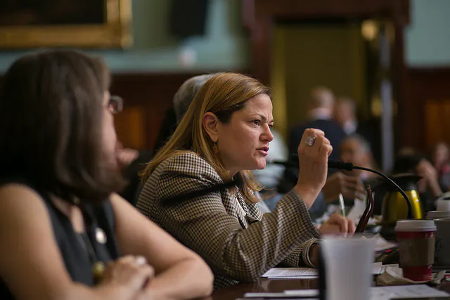 City Council Speaker Melissa Mark-Viverito questions Housing Commissioner Vicki Been during a hearing at City Hall in New York, Nov. 17, 2014. (William Alatriste)
