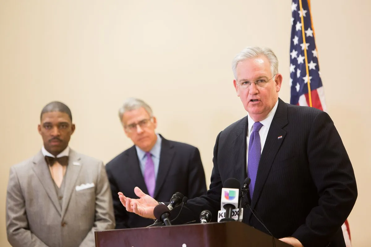 Missouri Governor Jay Nixon at a press conference on Nixon's announcement of formation of a Ferguson Commission in Missouri History Museum in St Louis, MO, on Nov. 18, 2014. (Petr Svab/Epoch Times)