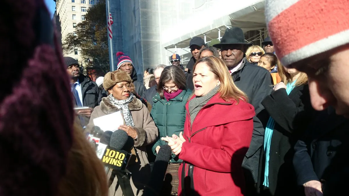 City Council Speaker Melissa Mark-Viverito at a tenant rally in front of City Hall in New York, Nov. 17, 2014. (Catherine Yang/Epoch Times)