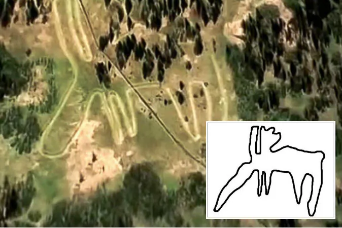 A geoglyph depicting a moose in the Ural mountains of Russia, along with a drawing of the geoglyph's outline. (Stanislav Grigoryev)