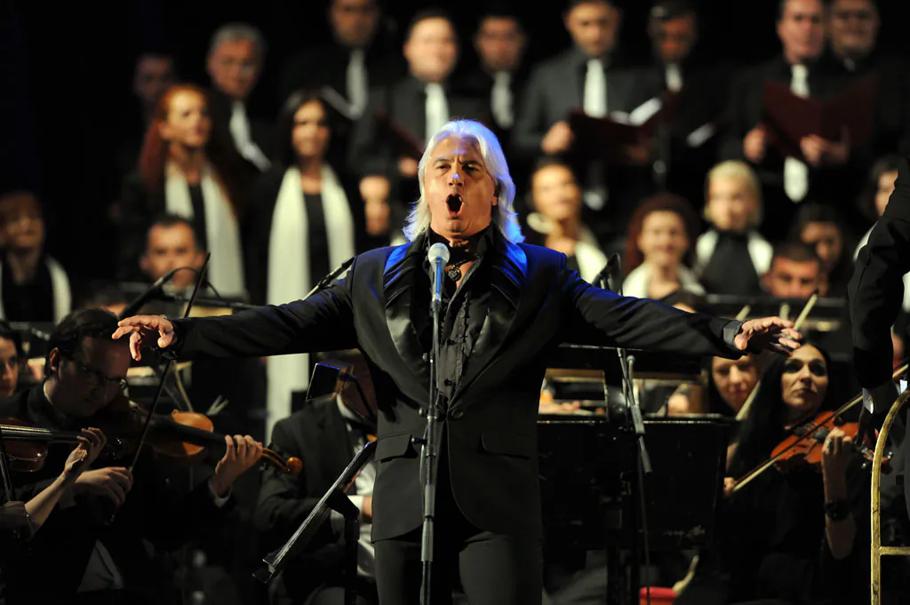 Russian baritone Dmitri Hvorostovsky performs in the Ohrid Antic theatre during the opening of the Ohrid Summer Festival in Ohrid late on July 12, 2013. (Robert Atanasovski/AFP/Getty Images)