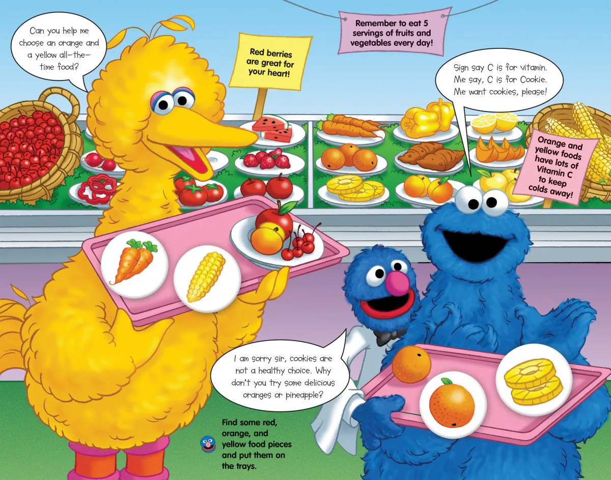 This book image released by Sesame Workshop shows an inside page from "Eat Your Colors! A Puzzle Book," by Sarah Albee and Joe Matthieu. With the childhood obesity rate tripling in the past 30 years to 1 in 3 children in the United States overweight or obese, a collection of picture books are available to help kids make choices that are healthier. (AP Photo/Sesame Workshop)