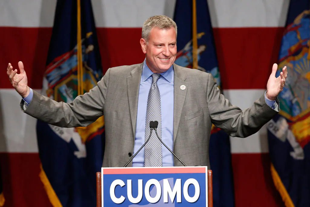 New York Mayor Bill de Blasio at Democratic election headquarters in New York on Nov. 4, 2014. De Blasio spoke at a forum in Washington, D.C., urging fellow Democrats to reject "safe" campaign themes. (AP Photo/Kathy Willens)