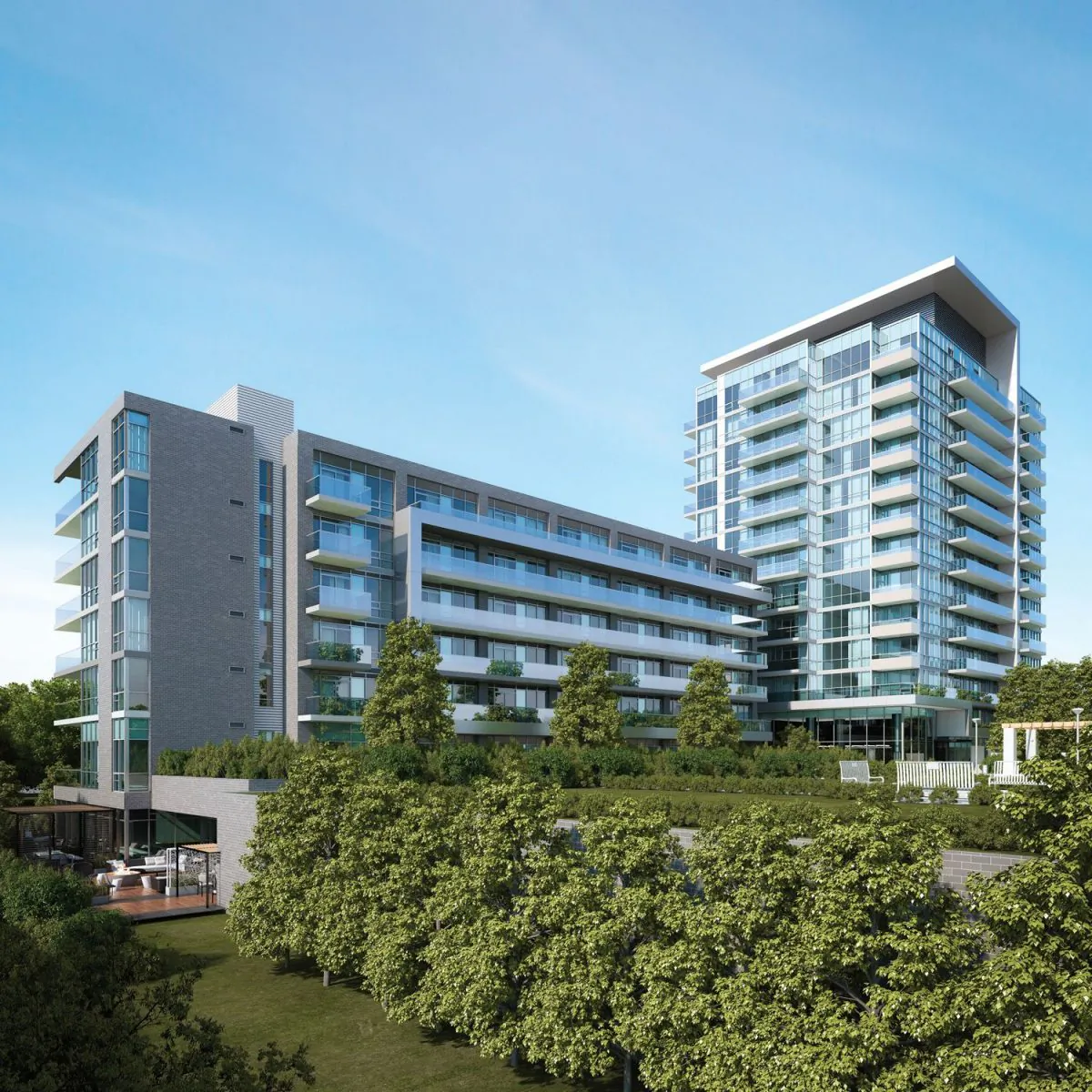 The exterior of Biyu at The Colours of Emerald City, a 13-storey mid-rise building that will have suites ranging from 506 square feet to 1,265 square feet with nine-foot ceilings, laminate flooring in principal rooms, and a choice of broadloom in the bedrooms. (Emerald City Developments)