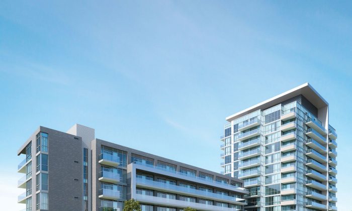 The exterior of Biyu at The Colours of Emerald City, a 13-storey mid-rise building that will have suites ranging from 506 square feet to 1,265 square feet with nine-foot ceilings, laminate flooring in principal rooms, and a choice of broadloom in the bedrooms. (Emerald City Developments)