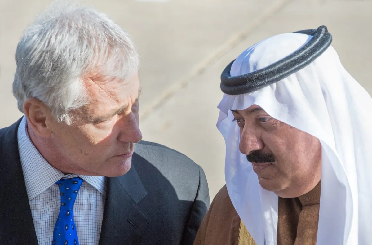 US Secretary of Defense Chuck Hagel (L) greets the Minister of the National Guard of Saudi Arabia, Prince Mitib bin Abdullah bin Abdul Aziz Al Saud(R), as he hosts an honor cordon at the steps of the Pentagon in Washington, DC, on Nov. 21, 2014. (Paul J. Richards/AFP/Getty Images)