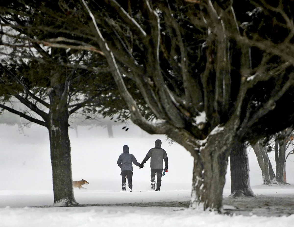 A couple take their dog for a walk on the trails through the Watertown Golf Club in Watertown, N.Y. on Thursday, Nov. 20, 2014. A new blast of lake-effect snow pounded Buffalo for a third day piling more misery on a city already buried by an epic, deadly snowfall that could leave some areas with nearly 8 feet of snow on the ground when it's all done. (AP Photo/The Watertown Daily Times, Amanda Morrison)