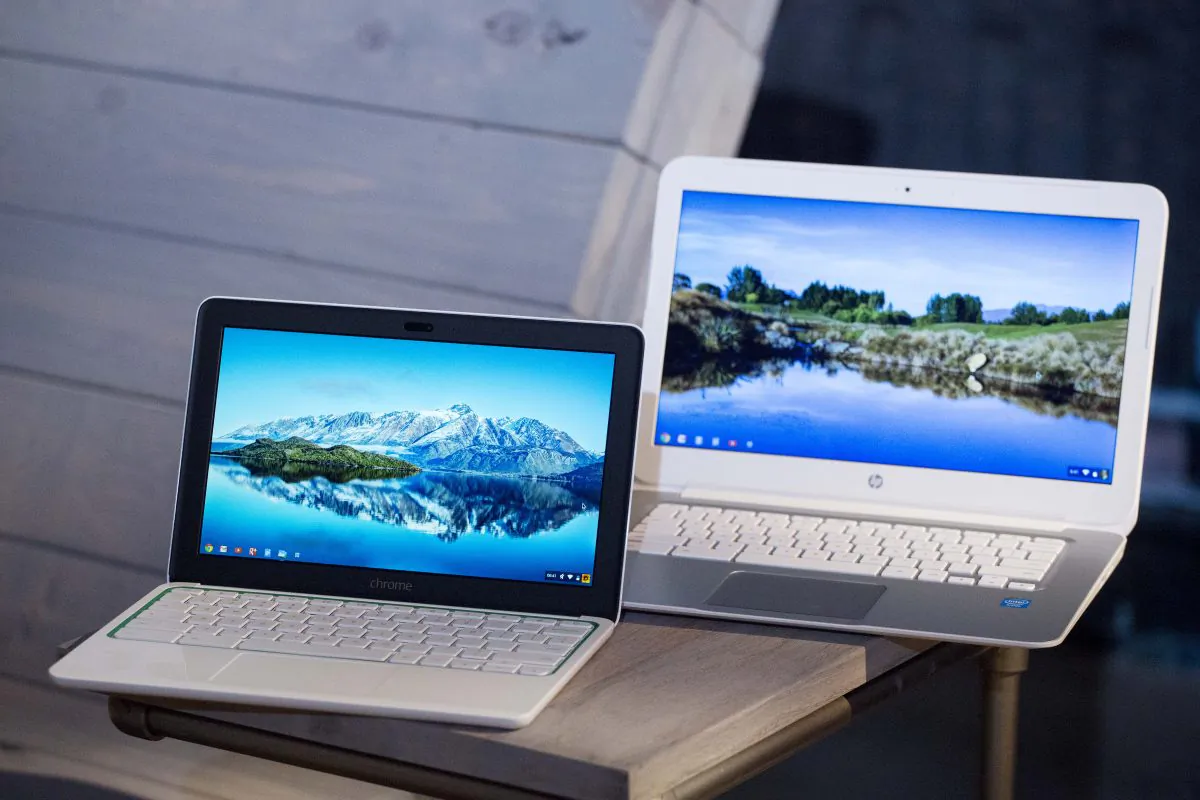 The new HP Chromebook 11, left, is displayed with a Chromebook 14 at a Google event, Tuesday, Oct. 8, 2013 in New York. (Mark Lennihan/(AP Photo)