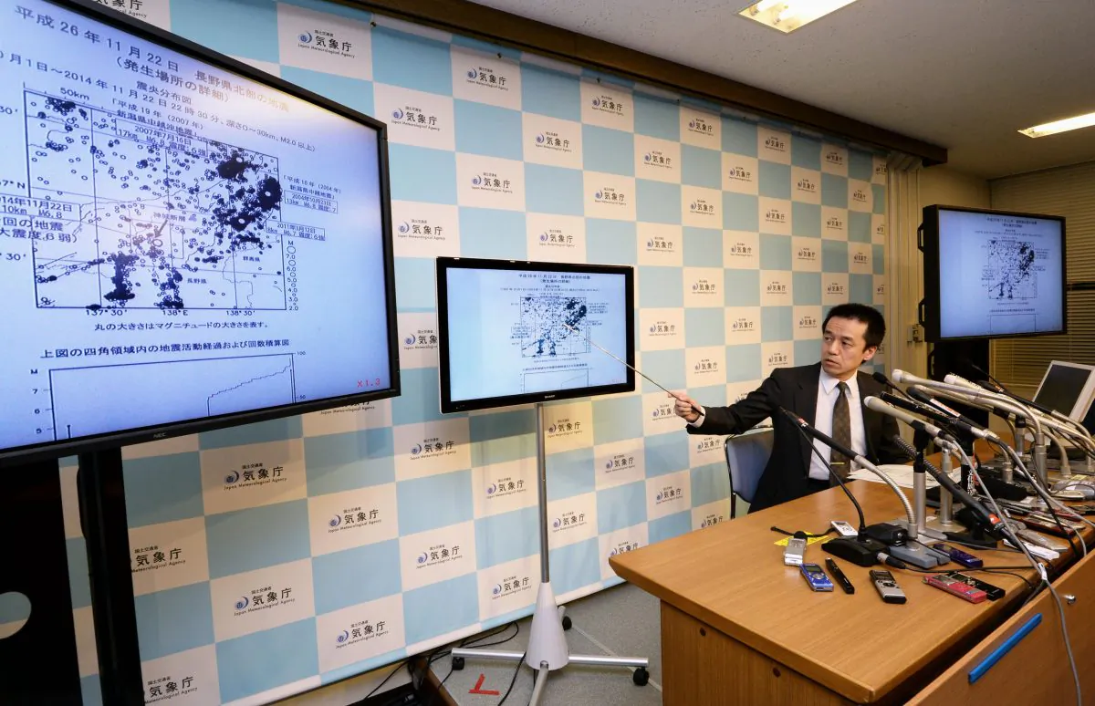 Japan Meteorological Agency official Yohei Hasegawa speaks about a strong earthquake that struck a mountainous area of central Japan Saturday night, at the agency in Tokyo, Sunday, Nov. 23, 2014. The magnitude-6.8 quake hit near Nagano city at 10:08 p.m. (13:08 GMT) at a depth of 10 kilometers (6 miles). No tsunami warning was issued. (AP Photo/Kyodo News)