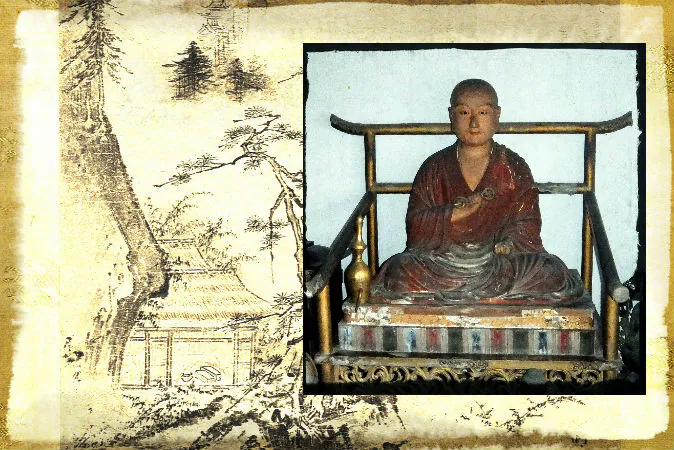 A file photo of a Japanese monk statue. (Wolfgang Michel/Wikimedia Commons) Background: A landscape by Tensho Shubun. (Wikimedia Commons)