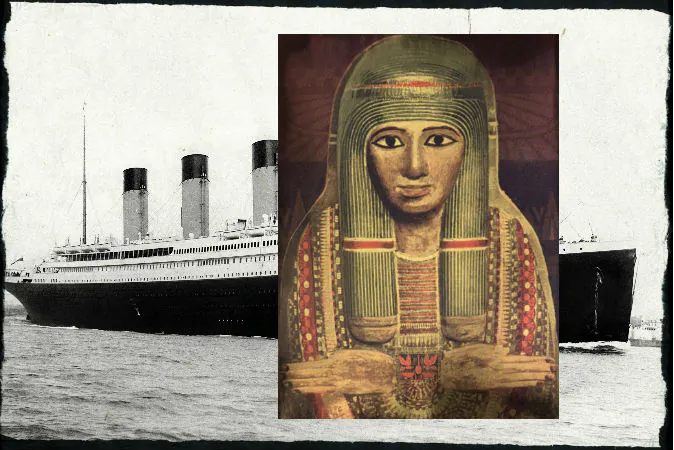 Cover of 1909 Pearson's Magazine featuring the story of the Unlucky Mummy (British Museum ref AE 22542). (Wikimedia Commons) Background: RMS Titanic departing Southampton on April 10, 1912. (F.G.O. Stuart via Wikimedia Commons)