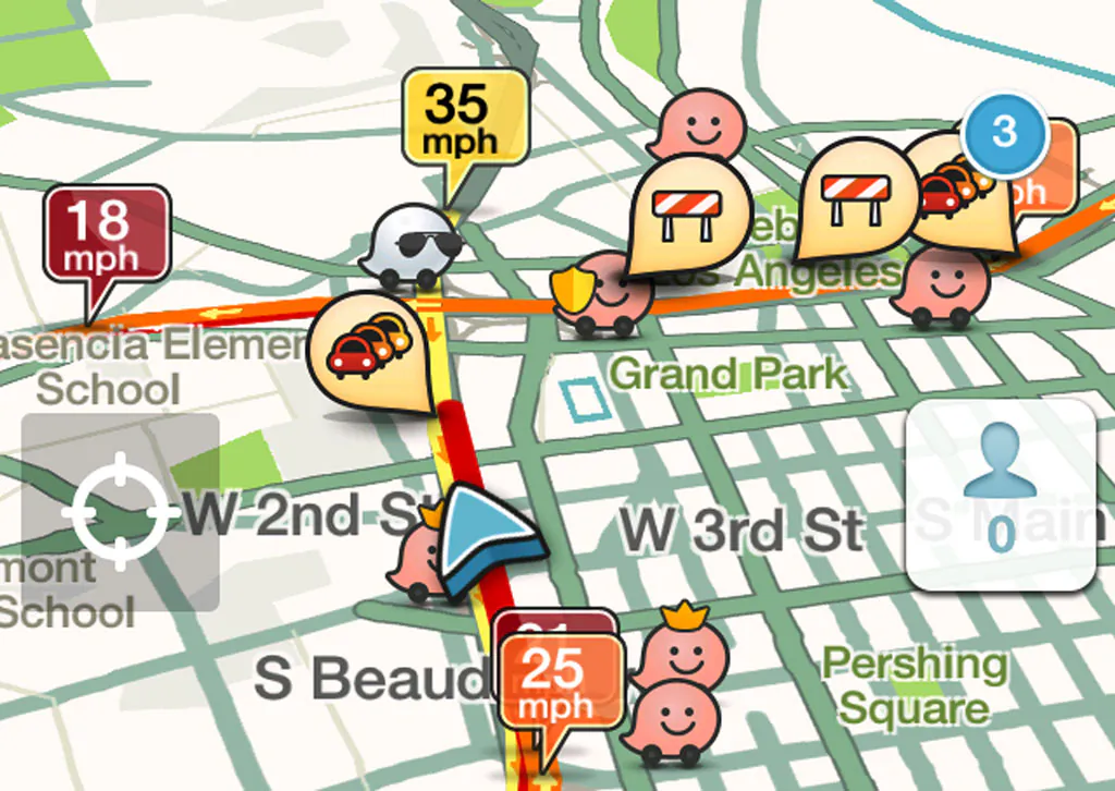 This cell phone screen capture shows traffic alerts along a route displayed on a cell phone app called Waze, in Los Angeles on Monday, Nov. 24, 2014. Whether traveling by plane, train or automobile, getting from Point A to Point B can be a headache. Technology provides relief in the form of apps that can let you know which roads are clogged, how long the wait is at the airport and whether the trains are running on time. (AP Photo/WAZE)