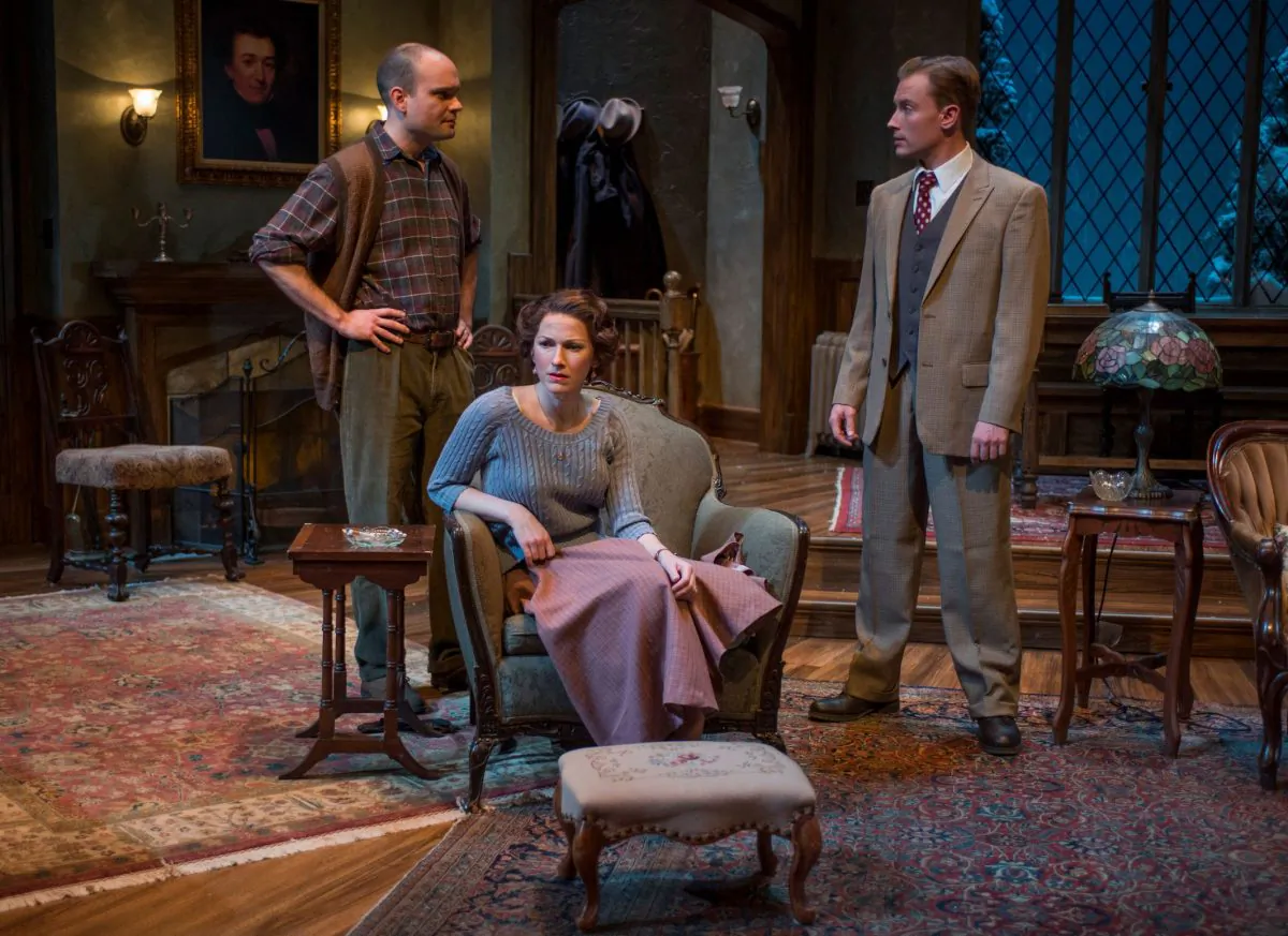 (L–R) Giles and Mollie Ralston (Keith Neagle and Cora Vander Broek) have opened a guest house, where a murder, investigated by Sergeant Trotter (Greg Matthew Anderson), has occurred. (Michael Brosilow) 
