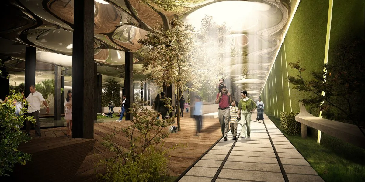 An artist's rendering shows a deep underground park that could be created in a 116-year-old abandoned trolley terminal below the Lower East Side in Manhattan, N.Y. For this project-in-the-works, the latest solar technology will illuminate the subterranean space, filtering the sun via a collector at street level. (AP Photo/The Lowline)