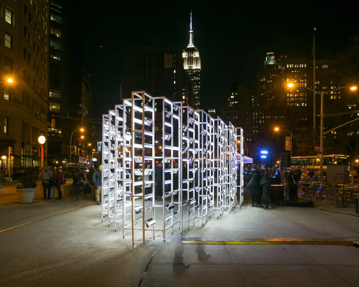 The New York Light installation at  the North Public Plaza at
Broadway, Fifth Avenue and 23rd Street. (Cameron Blaylock/Courtesy of Van Alen Institute)