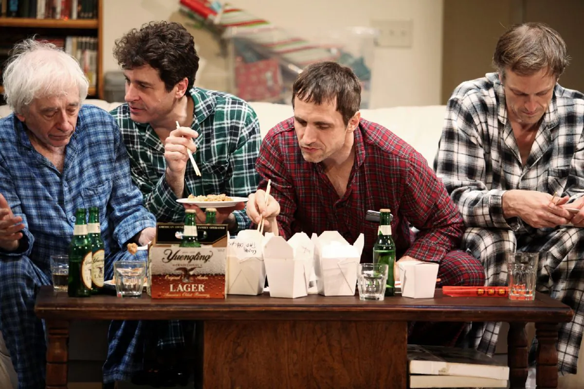 (L–R) Austin Pendleton, Gary Wilmes, Pete Simpson, and James Stanley as father and sons enjoying a dinner together. (Julieta Cervantes)