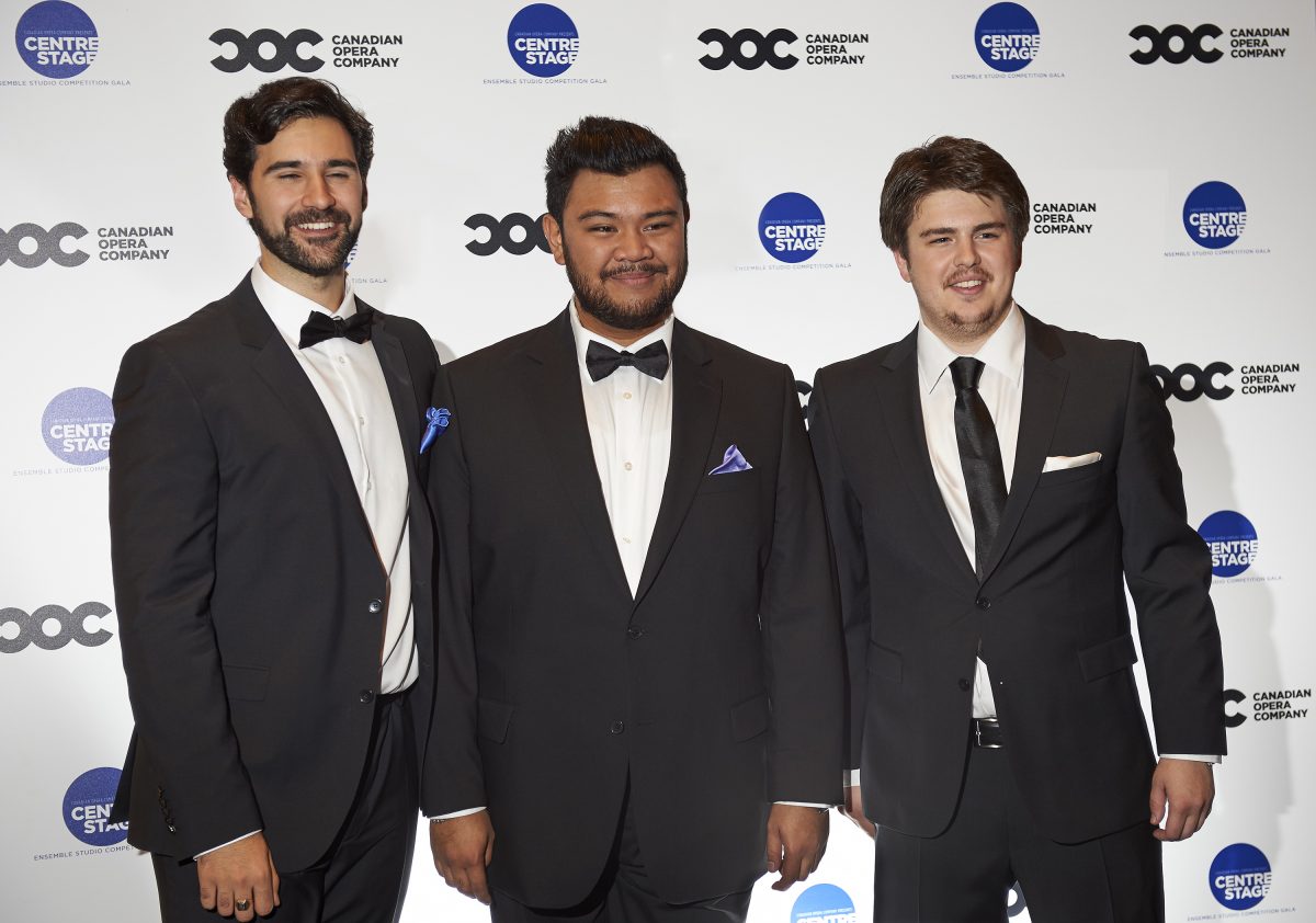 he Ensemble Studio Competition winners. (L-R) Second prize winner baritone Dimitri Katotakis, first prize and Audience Choice Award winner tenor Charles Sy, and third prize winner tenor Aaron Sheppard, 2014. (Michael Cooper)