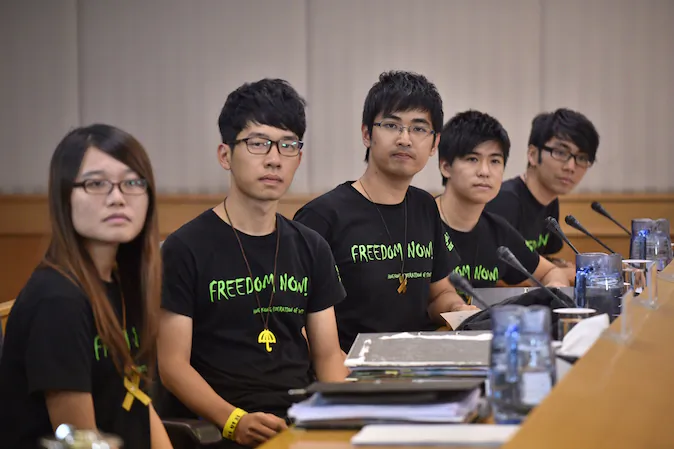 Leaders of the Hong Kong Federation of Students (L-R) Yvonne Leung, Nathan Law, Alex Chow, Lester Shum and Eason Chung arrive for talks with Hong Kong authorities, aimed at ending weeks of rallies, on the same day the city's leader ruled out democratic reforms, in Hong Kong on October 21, 2014. (Philippe Lopez/AFP/Getty Images)