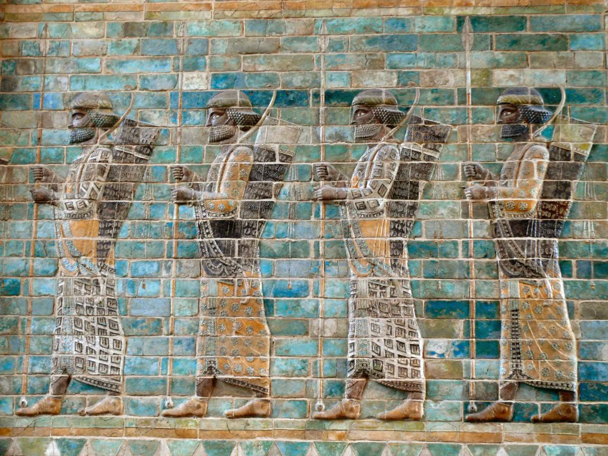 Four warriors of “The Immortals,” from the famous glazed brick friezes found in the Apadana (Darius the Great's palace) in Susa, now located at the Louvre museum in France. (Dynamosquito via Wikimedia Commons)