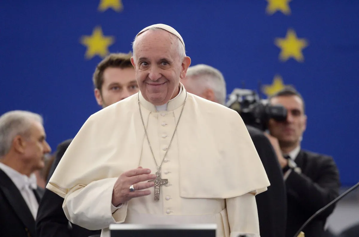 Pope Francis delivers a speech at the European Parliament on Nov. 25, 2014, during a short visit to the European Parliament and the Council of Europe in Strasbourg, France. (Patrick Hertzog/AFP/Getty Images)
