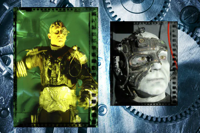 Left: A concept image of a cyborg. (Camilo Jimenez/iStock/Thinkstock) Right: TV's "Star Trek" Captain Jean Luc Picard as a borg drone. (Wikimedia Commons) Background: Mechanical elements. (iStock/Thinkstock)