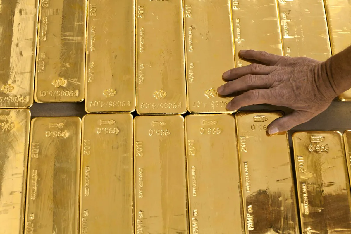 Stacked gold bars at the Cantonal Bank of Zurich ZKB in Zurich, Switzerland, on Aug. 8, 2011. (AP Photo/Keystone, Martin Ruetschi)