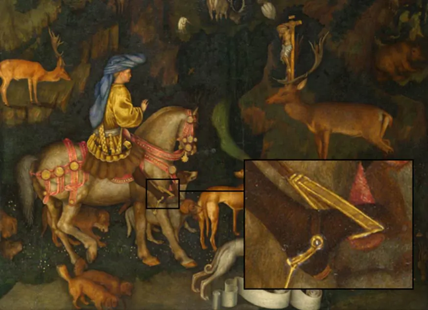 "The Vision of Saint Eustace," Pisanello, 1438–1442. Rider wearing high heels. (Wikimedia Commons)