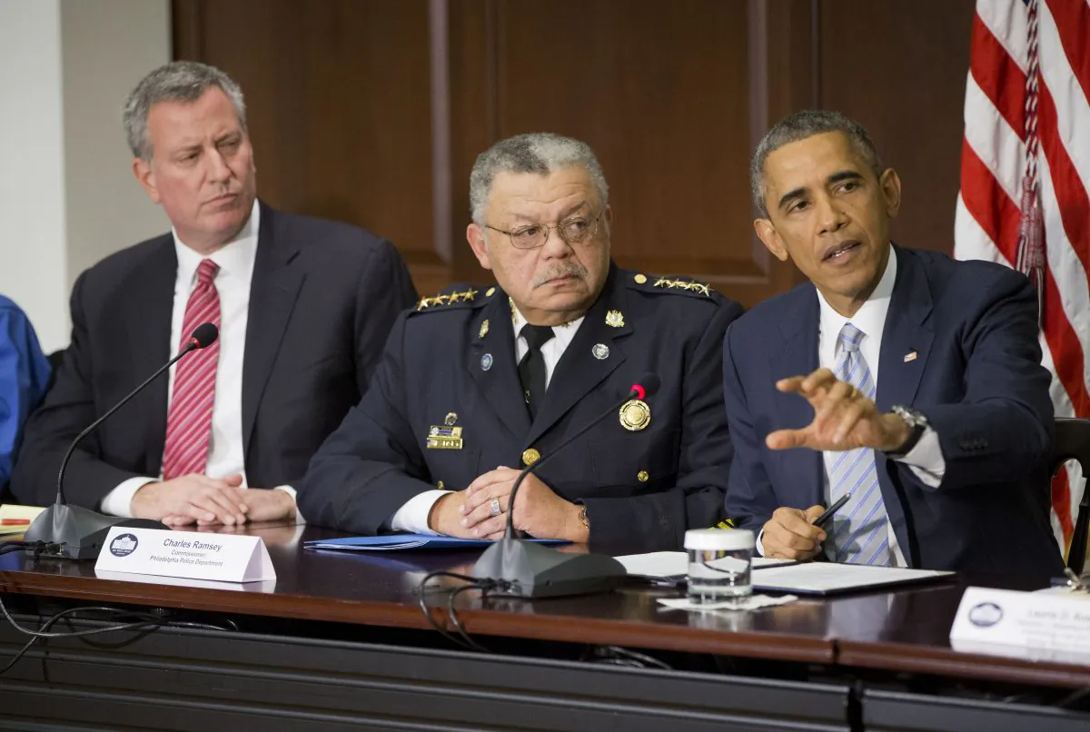 President Barack Obama during a meeting with elected officials, law enforcement officials, and community and faith leaders at the White House on Monday. Among those attending were New York Mayor Bill de Blasio (L) and Charles Ramsey (C), commissioner of the Philadelphia Police Department.  (AP Photo/Pablo Martinez Monsivais)