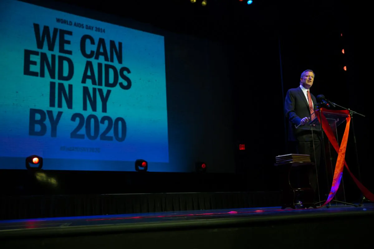 New York City mayor Bill de Blasio at a World Aids Day celebration in Harlem, Manhattan, N.Y., on Monday, Dec. 1, 2014. De Blasio supported an initiative to reduce the number of people living with HIV in New York State. (William Alatriste/New York City Council)