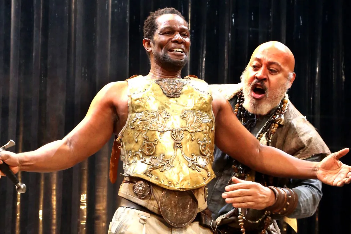 (L) John Douglas Thompson in a brilliant portrayal as Tamburlaine, a ruthless warrior king, and Keith Randolph Smith as one of his supporters, Techelles, in Christopher Marlowe’s “Tamburlaine, Parts I and II.” (Gerry Goodstein)