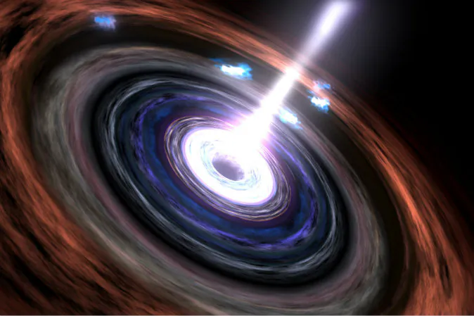 A conceptual image from an animation showing how gamma rays might form in an active galactic nuclei. (NASA/Goddard Space Flight Center Conceptual Image Lab)