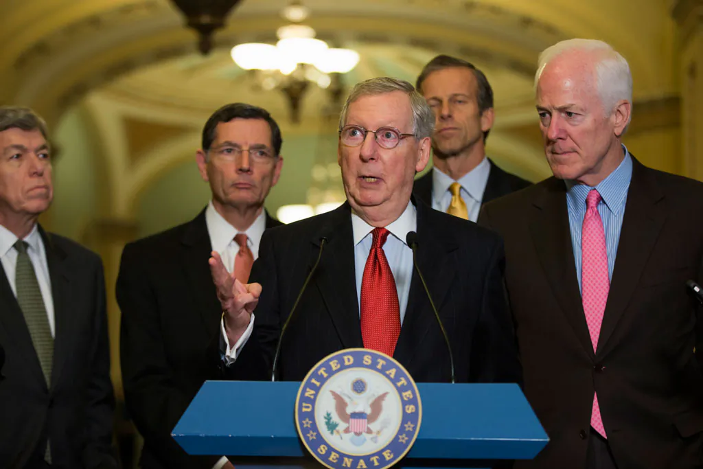 Senate Minority Leader Mitch McConnell of Ky. (C) gestures during a news conference on Capitol Hill in Washington, Tuesday, Dec. 2, 2014. (L-R) Sen. Roy Blunt (R-Mo.), Sen. John Barrasso (R-Wyo.), McConnell, Sen. John Thune (R-S.D.), and Senate Minority Whip John Cornyn of Texas. (AP Photo/Evan Vucci)
