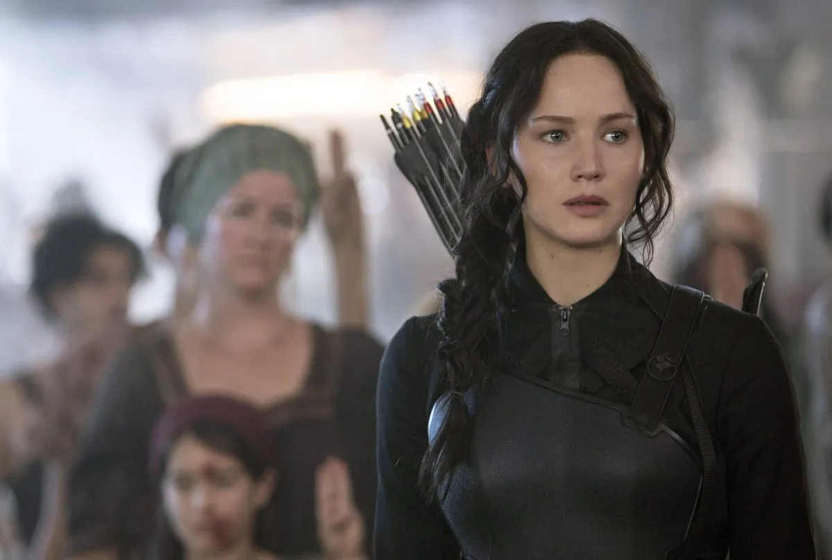 Jennifer Lawrence portrays Katniss Everdeen in a scene from "The Hunger Games: Mockingjay Part 1." (AP Photo/Lionsgate, Murray Close)