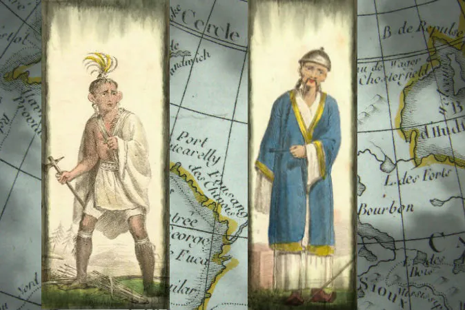 Illustrations of a Chinese man and a Native American from the 18th or 19th century, artist unknown. Background: Mention of Fusang ("Fousang des Chinois") on a 1792 French world map, in the area of modern British Columbia. (Wikimedia Commons; edited by Epoch Times) 
