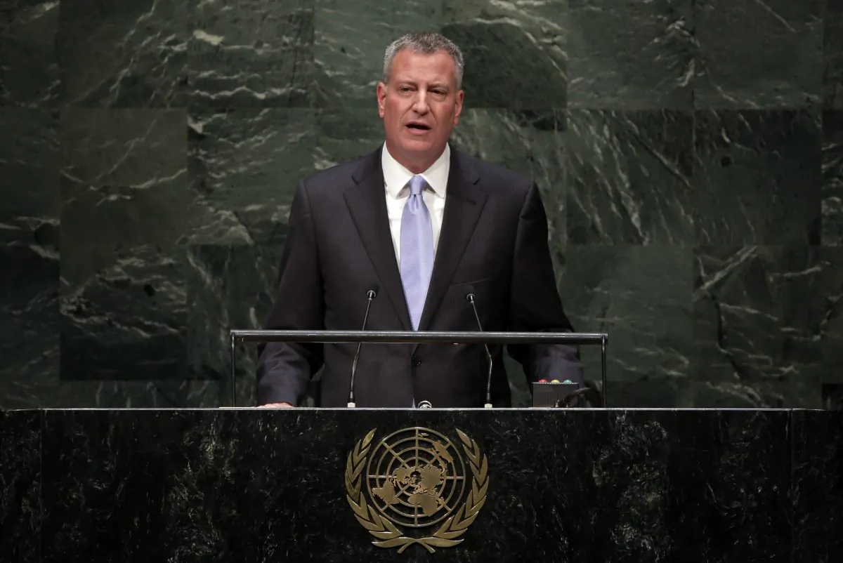 New York Mayor Bill de Blasio addresses the Climate Change Summit, at United Nations headquarters on Tuesday, Sept. 23, 2014. De Blasio on Wednesday will create a new agency, the Office of Sustainability, and name Clinton White House veteran Nilda Mesa its first director, administration officials told The Associated Press. (AP Photo/Richard Drew)