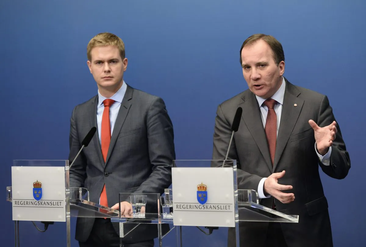 Sweden's Prime Minister Stefan Lofven (R), of the Social Democrats, and Minister of Education Gustav Fridolin (L), of the Green Party, give a press conference at the government chancellery in Stockholm, Sweden, on Wednesday, Dec. 3, 2014, where Lofven announced fresh elections after his coalition government failed to get its budget through parliament. (AP Photo/TT News Agency/Pontus Lundahl)