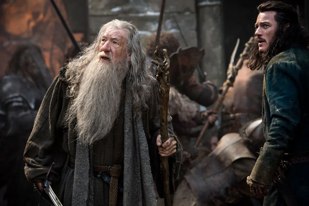 Ian McKellen as Gandalf and Luke Evans as Bard in “The Hobbit: The Battle of the Five Armie.” (Warner Bros. Pictures and MGM)