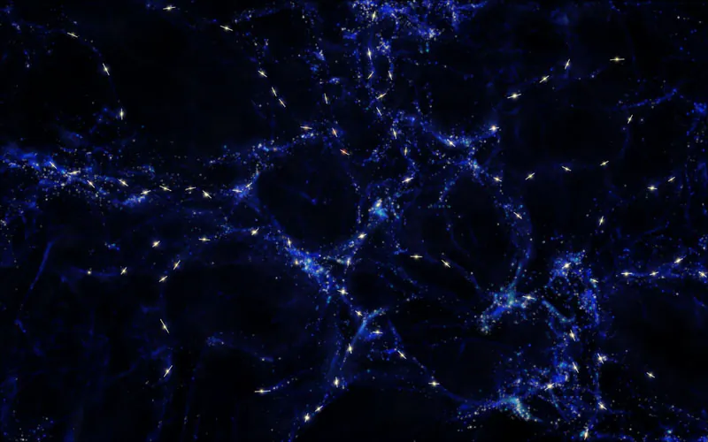 This artist's impression shows schematically the mysterious alignments between the spin axes of quasars and the large-scale structures that they inhabit that observations with ESO’s Very Large Telescope have revealed. These alignments are over billions of light-years and are the largest known in the Universe. (ESO/M. Kornmesser)