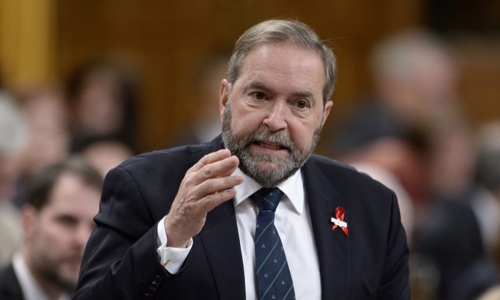 NDP Leader Tom Mulcair speaks during Question Period in the House of Commons Nov. 27, 2014. Mulcair says an NDP government would revive the long-gun registry, minus the flaws that made the original so controversial. (The Canadian Press/Adrian Wyld)