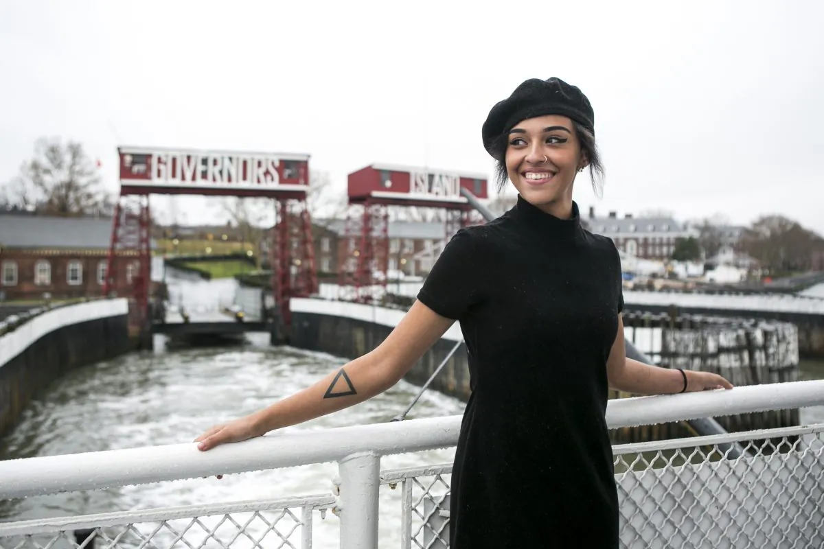Model, actress, student body president, and Ferguson protester Shana Buckstad, 17, on the ferry leaving Governors Island to Manhattan, New York, on Dec. 3, 2014. (Samira Bouaou/Epoch Times)